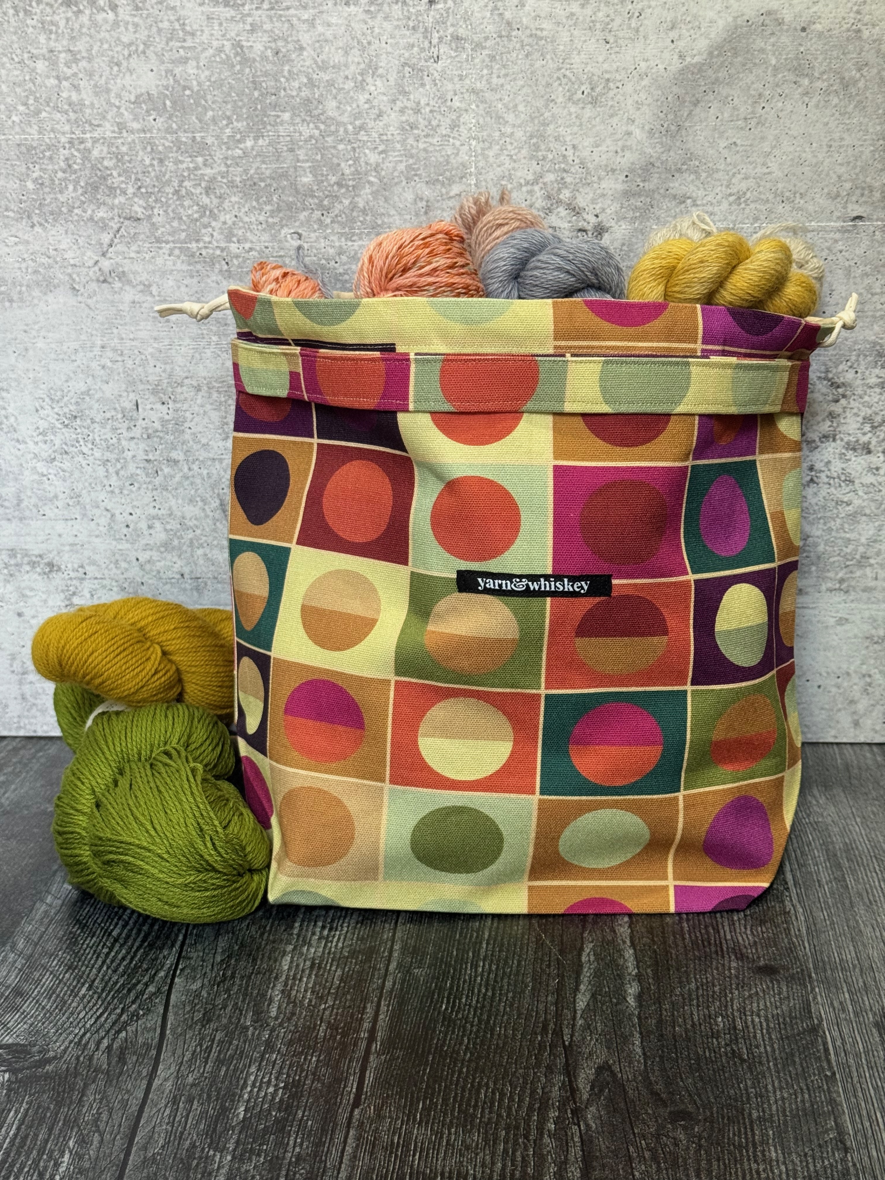 Palette Study No. 1 Crafter's Satchel Palette Study No. 1 Crafter's Satchel featuring circles-in-squares design in green, pink, purple, ochre, and orange